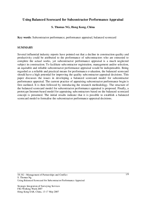 (PDF) Using Balanced Scorecard for Subcontractor Performance Appraisal