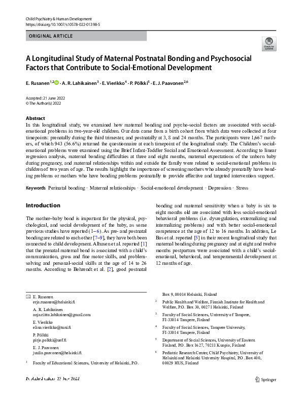 (PDF) A Longitudinal Study of Maternal Postnatal Bonding and ...