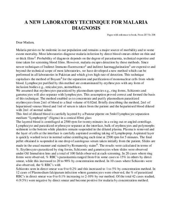 (PDF) A new laboratory technique for malaria diagnosis