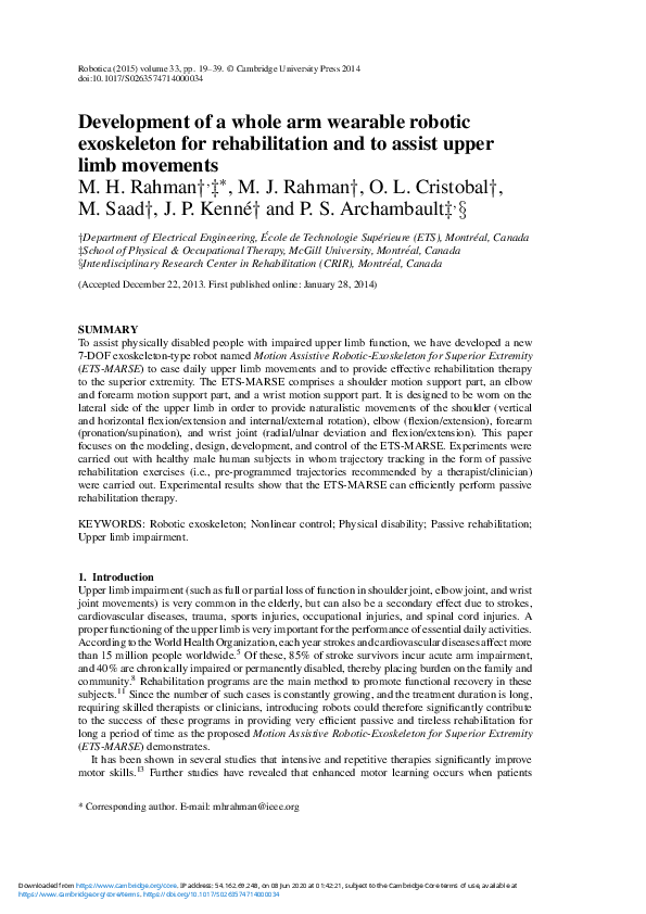(PDF) Development of a whole arm wearable robotic exoskeleton for ...