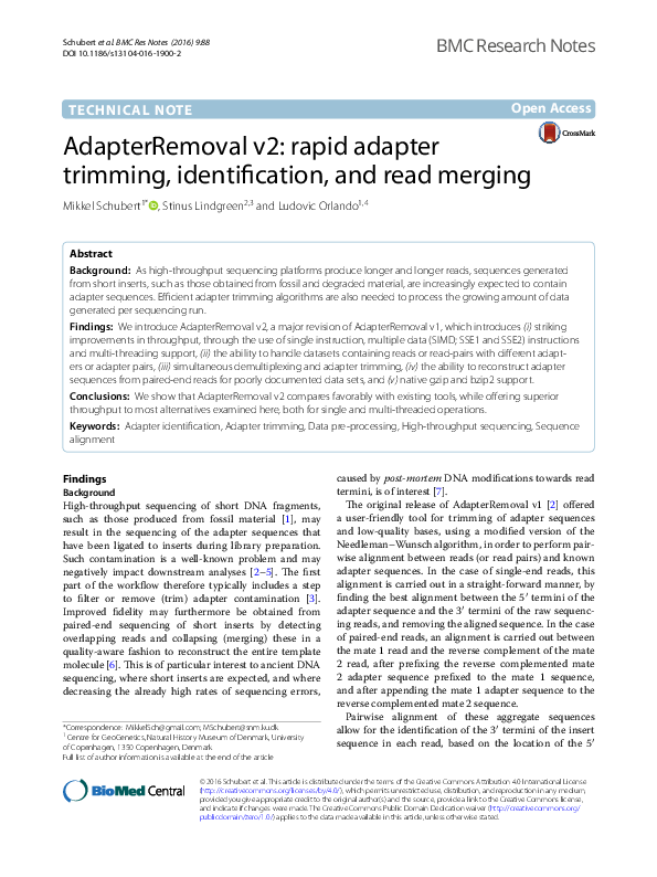 (PDF) AdapterRemoval v2 rapid adapter trimming, identification, and read merging Stinus