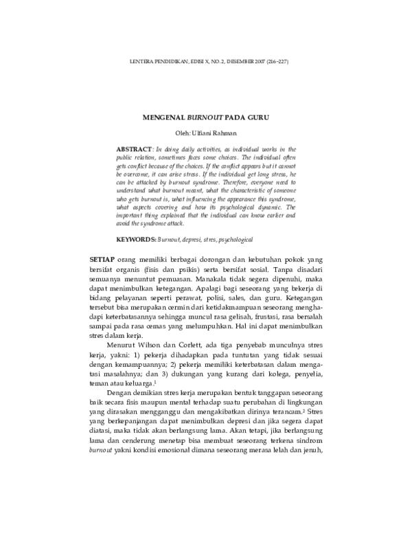 Pdf Mengenal Burnout Pada Guru