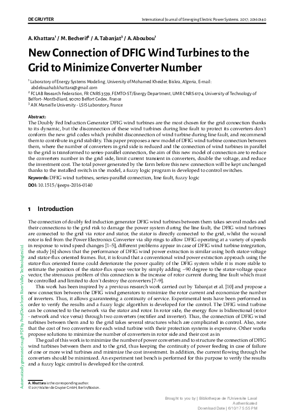 (PDF) New Connection of DFIG Wind Turbines to the Grid to Minimize ...