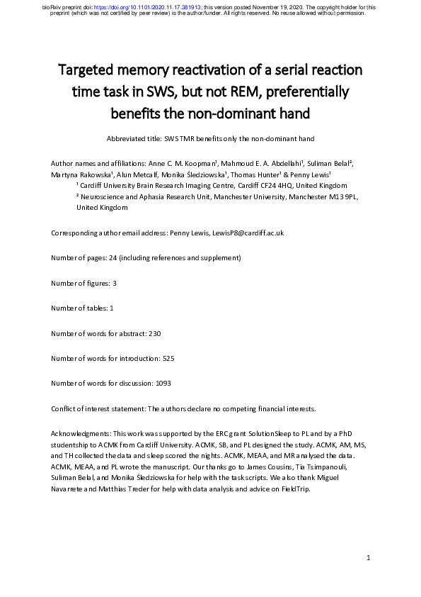 (PDF) Targeted memory reactivation of a serial reaction time task in ...