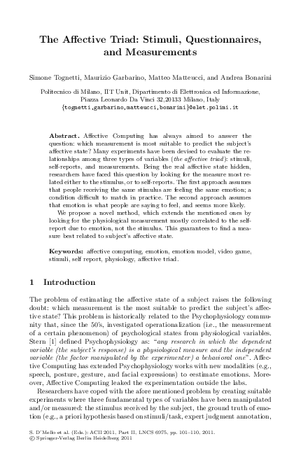 (PDF) The Affective Triad: Stimuli, Questionnaires, and Measurements