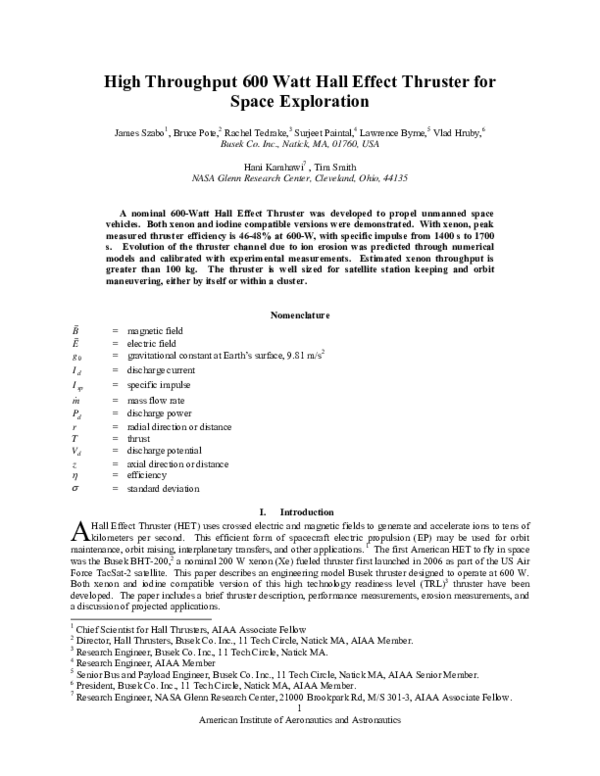  pdf high throughput 600 watt hall effect thruster for space exploration