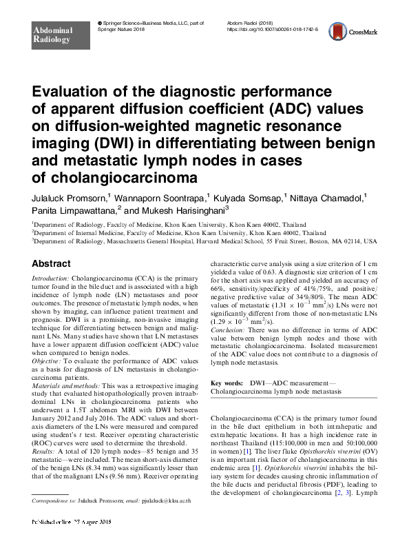 (PDF) Evaluation of the diagnostic performance of apparent diffusion ...