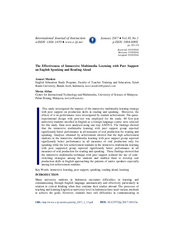 (PDF) The Effectiveness of Immersive Multimedia Learning with Peer ...