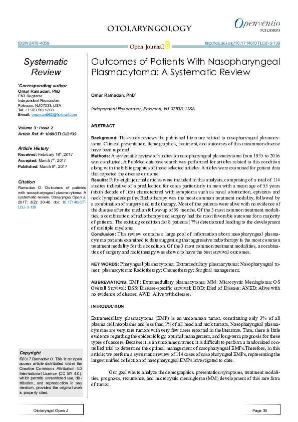 (PDF) Outcomes of Patients With Nasopharyngeal Plasmacytoma: A ...