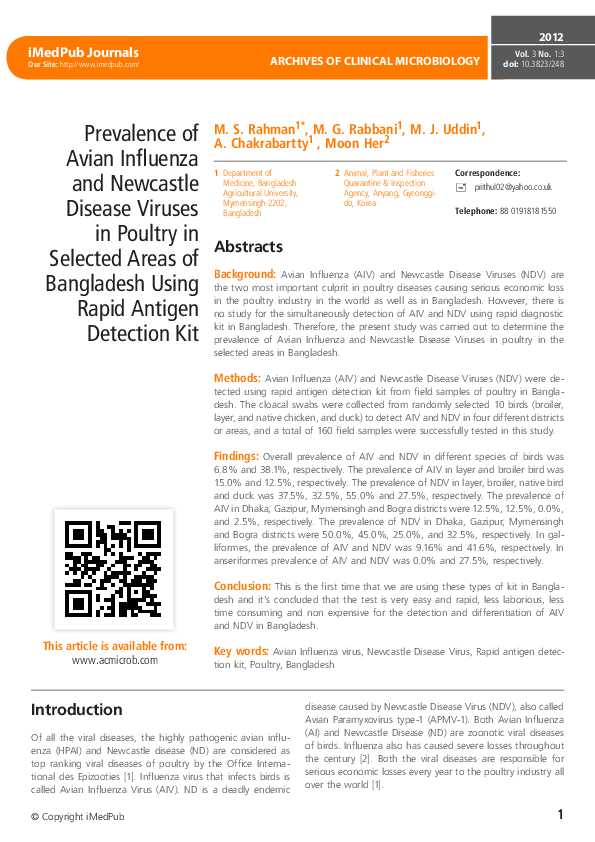 (PDF) Prevalence of Avian Influenza and Newcastle Disease Viruses in ...