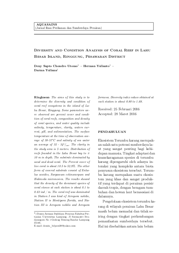 (PDF) Diversity and Condition Analysis of Coral Reef in Lahu Besar ...