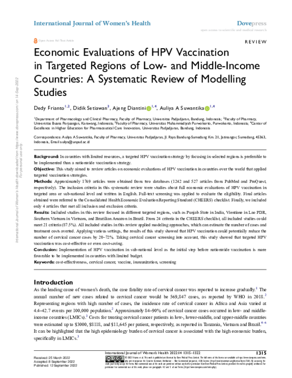 (PDF) Economic Evaluations of HPV Vaccination in Targeted Regions of ...