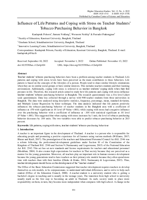 (PDF) Influence of Life Patterns and Coping with Stress on Teacher ...