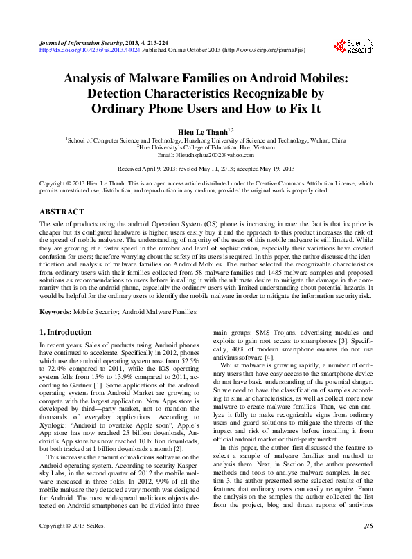 (PDF) Analysis of Malware Families on Android Mobiles: Detection ...