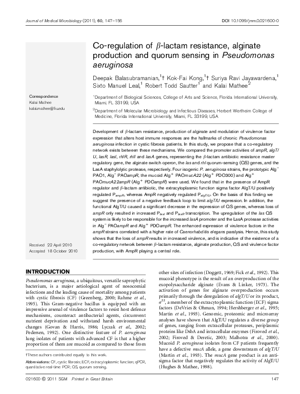 (PDF) Co-regulation of -lactam resistance, alginate production and ...