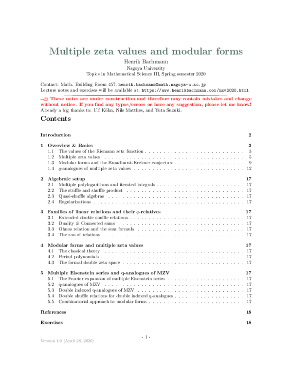 (PDF) Multiple zeta values and modular forms