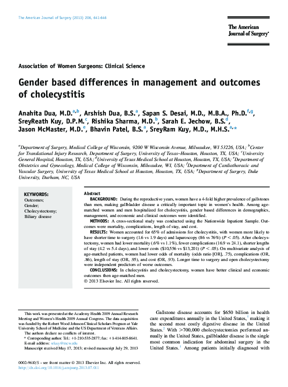 (PDF) Gender based differences in management and outcomes of cholecystitis
