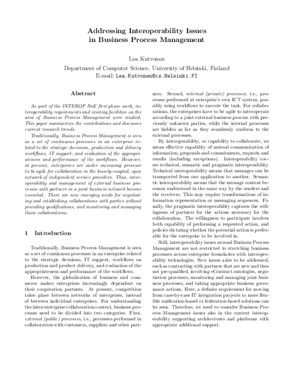 (PDF) Addressing interoperability issues in business process management