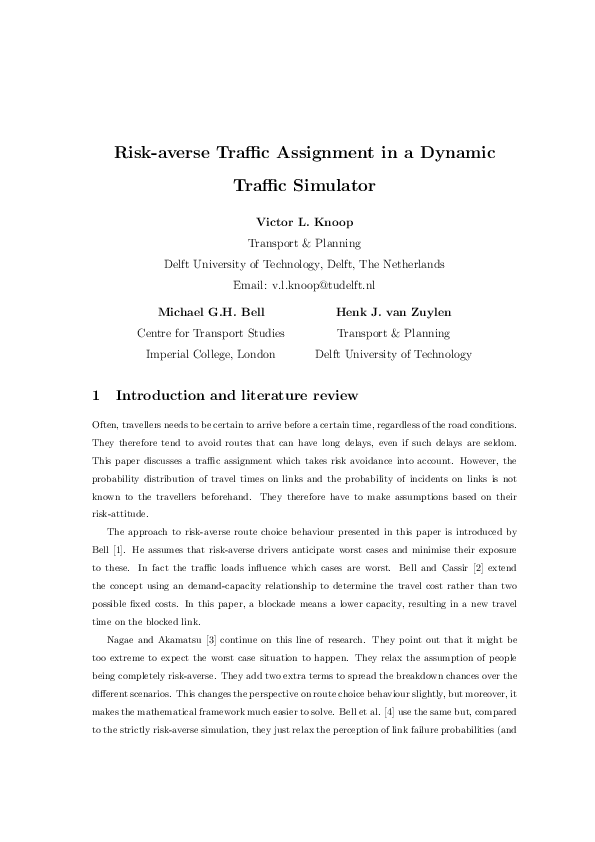 Pdf Risk Averse Traffic Assignment In A Dynamic Traffic Simulator