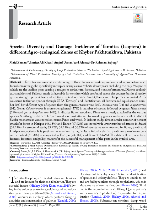 (PDF) Species Diversity and Damage Incidence of Termites (Isoptera) in ...