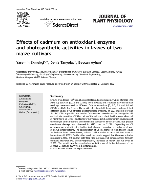 (PDF) Effects of cadmium on antioxidant enzyme and photosynthetic ...