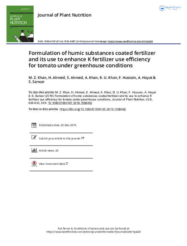 (PDF) Formulation of humic substances coated fertilizer and its use to ...