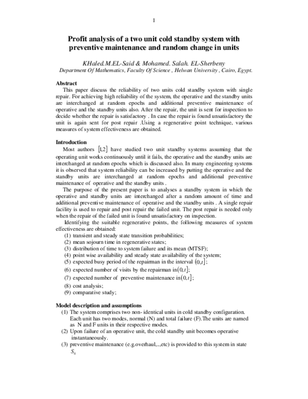(PDF) Profit Analysis of A Two Unit Cold Standby System with Preventive ...