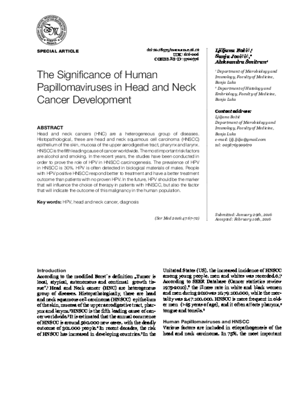 (PDF) The Significance of Human Papillomaviruses in Head and Neck ...
