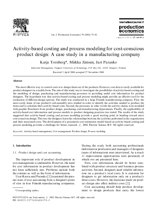 (PDF) Activity-based costing and process modeling for cost-conscious ...