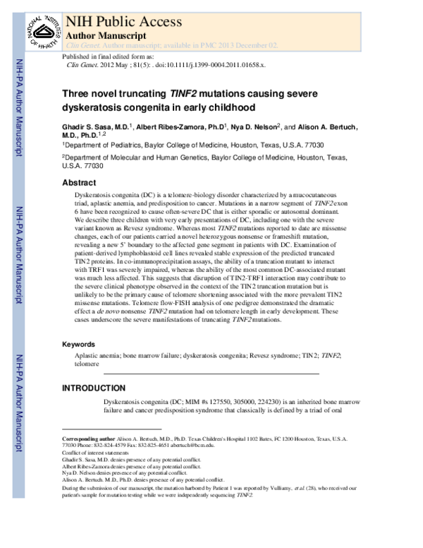 (PDF) Three novel truncating TINF2 mutations causing severe ...