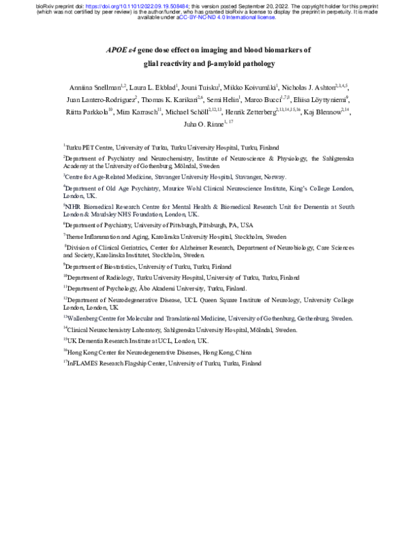 (PDF) APOE ε4 gene dose effect on imaging and blood biomarkers of glial ...