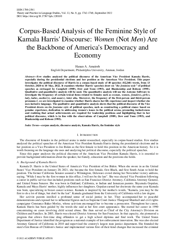 (PDF) Corpus-Based Analysis of the Feminine Style of Kamala Harris ...