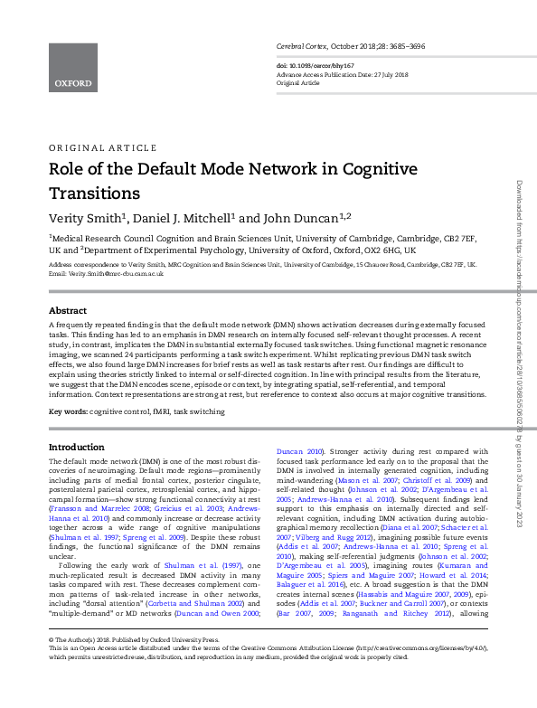 (PDF) Role of the Default Mode Network in Cognitive Transitions
