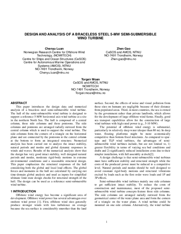 (PDF) Design and Analysis of a Braceless Steel 5-MW Semi-Submersible ...