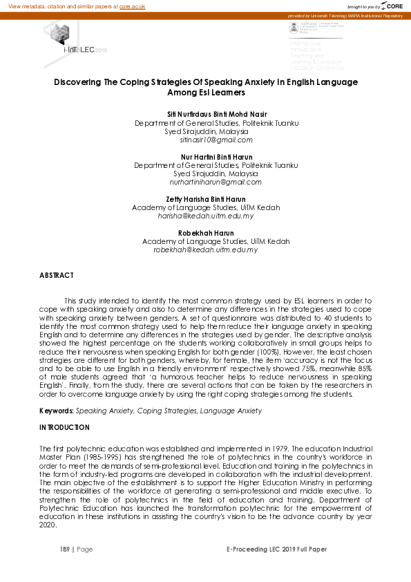 (PDF) Discovering the coping strategies of speaking anxiety in english ...