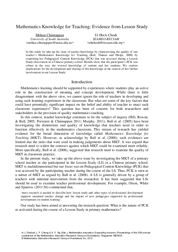 (PDF) Mathematics Knowledge for Teaching: Evidence from Lesson Study