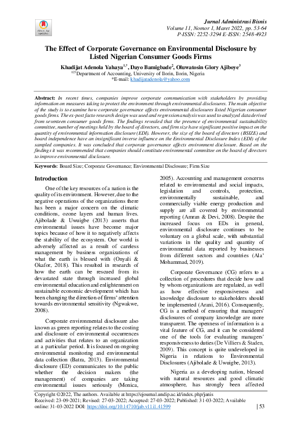 (PDF) The Effect of Corporate Governance on Environmental Disclosure by ...