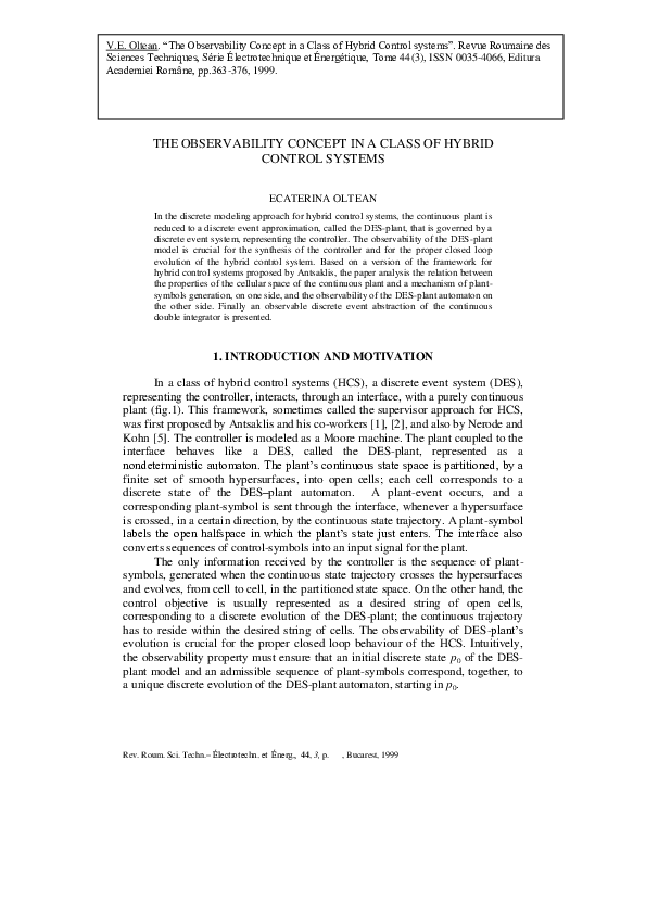 (PDF) The Observability Concept in a Class of Hybrid Control systems