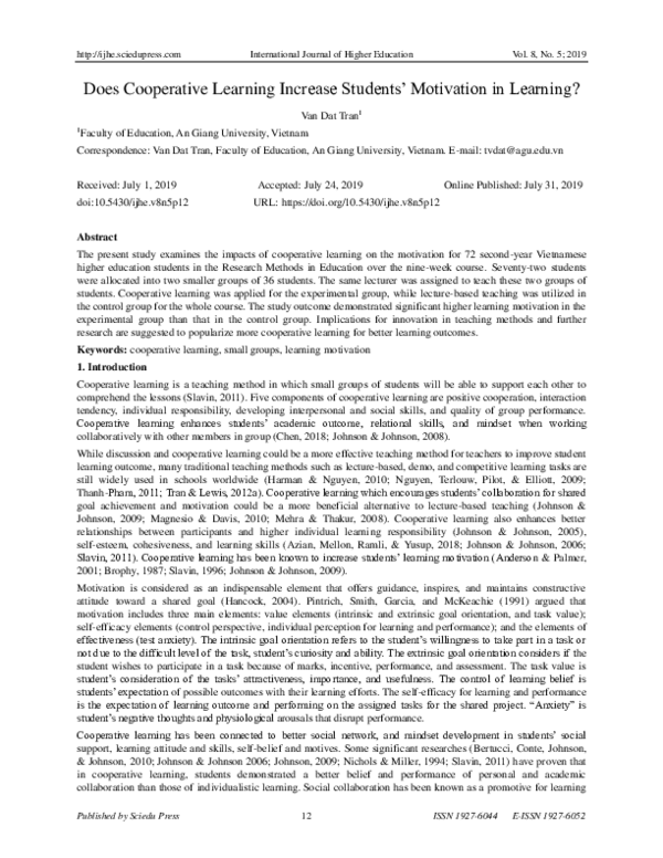 (PDF) Does Cooperative Learning Increase Students’ Motivation in Learning?