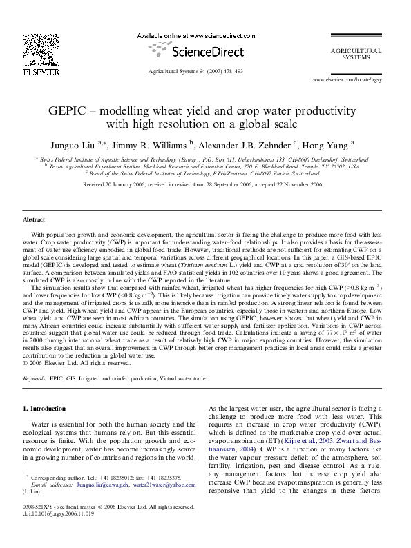 (PDF) GEPIC – modelling wheat yield and crop water productivity with ...