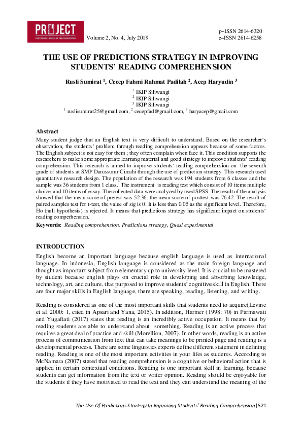 (PDF) The Use of Predictions Strategy in Improving Students’ Reading ...