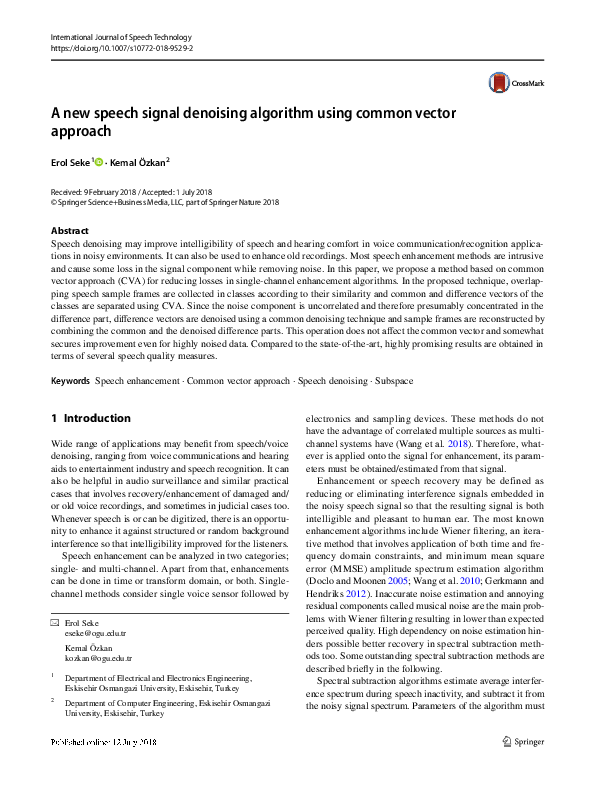 (PDF) A new speech signal denoising algorithm using common vector approach