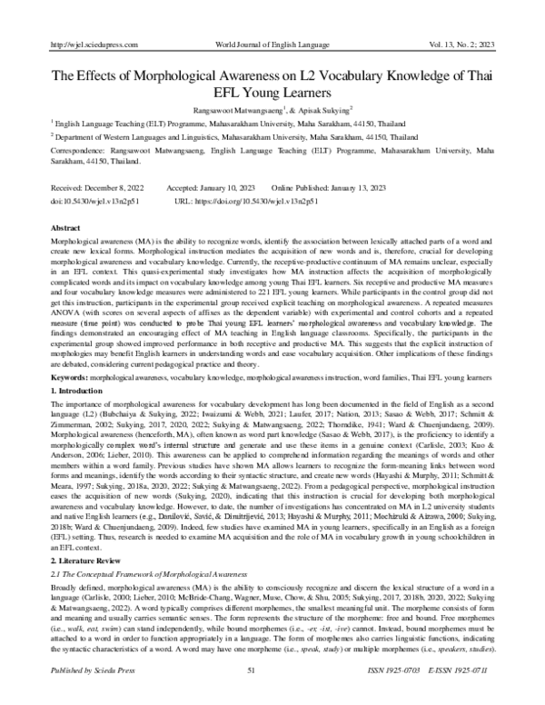 (PDF) The Effects of Morphological Awareness on L2 Vocabulary Knowledge ...