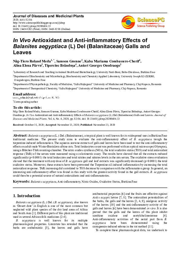 (PDF) In Vivo Antioxidant and Anti-inflammatory Effects of Balanites ...