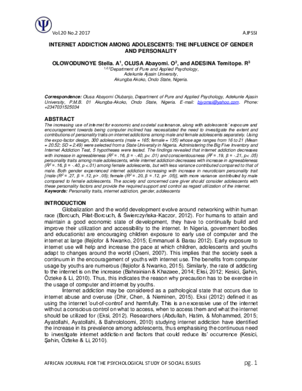 (PDF) Internet Addiction Among Adolescents: The Influence of Gender and ...