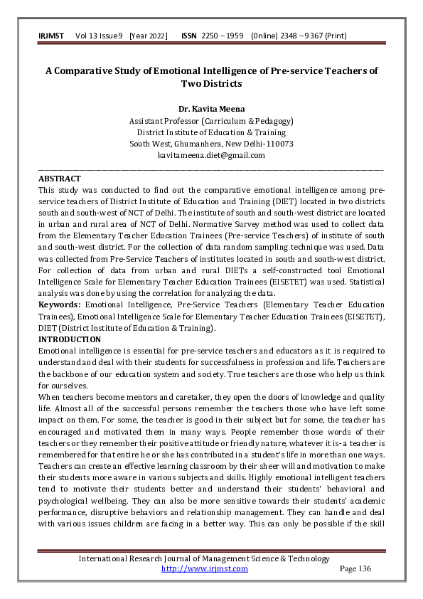 (PDF) A Comparative Study of Emotional Intelligence of Pre-service ...