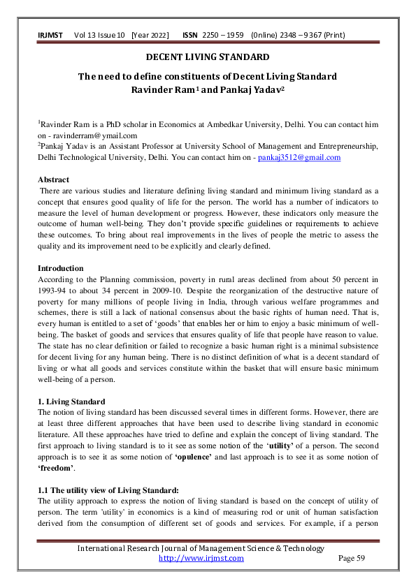 (PDF) DECENT LIVING STANDARD The need to define constituents of Decent ...