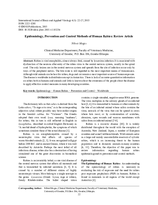 (PDF) Epidemiology, Prevention and Control Methods of Human Rabies ...