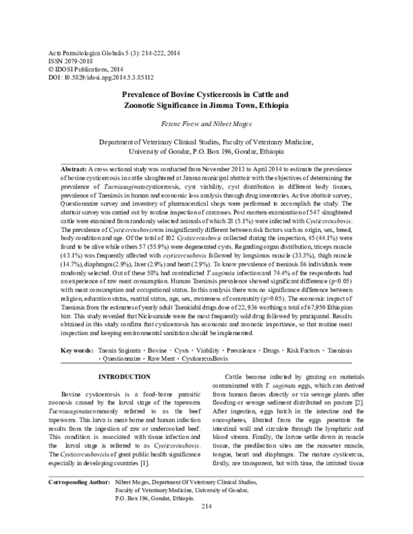 (PDF) Prevalence of Bovine Cysticercosis in Cattle and Zoonotic ...