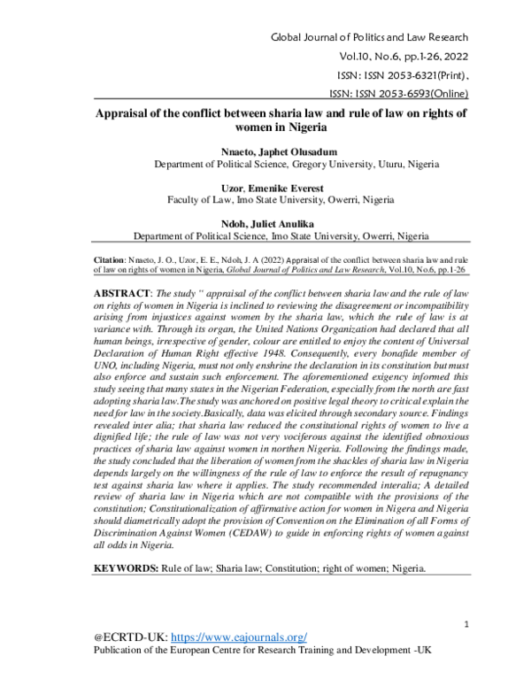 (PDF) Appraisal of the conflict between sharia law and rule of law on ...